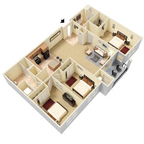 Floor plan for 3 beds, 2 baths, 1443 sqft