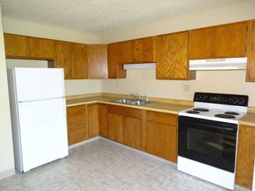 Williston apartment for rent - a kitchen with a stove refrigerator and a sink