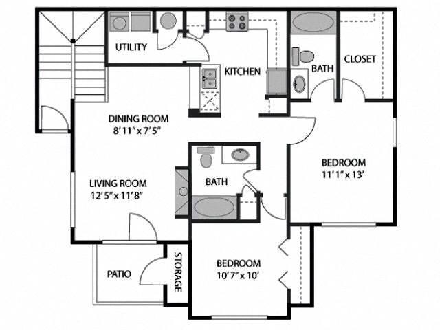 Floor plan for 2 beds, 2 baths, 1081 sqft