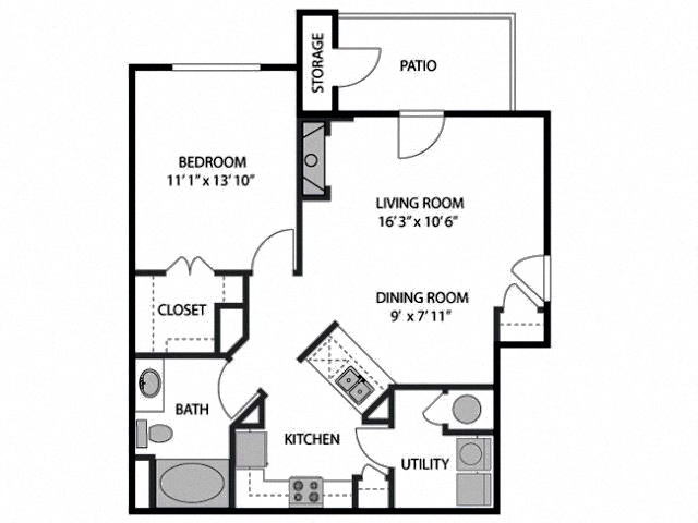 Floor plan for 1 bed, 1 bath, 777 sqft