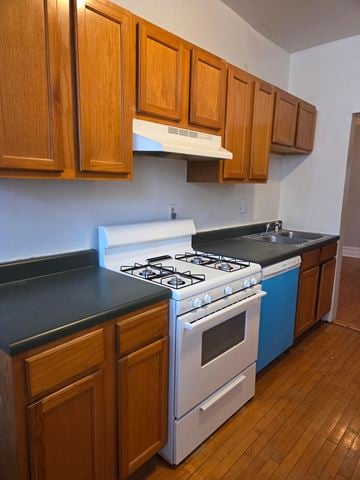 Chicago apartment for rent - A kitchen with a white stove top oven and blue dishwasher.