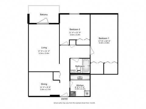 Floor plan for 2 beds, 1 bath, 730 sqft