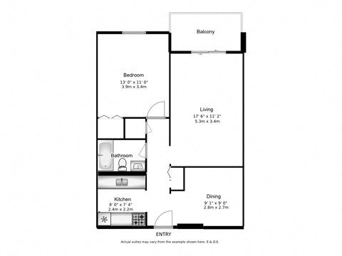 Floor plan for 1 bed, 1 bath, 597 sqft