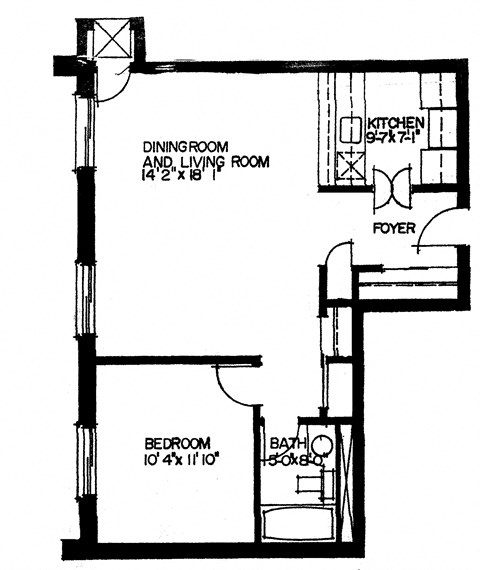 Floor plan for 1 bed, 1 bath, 580 sqft
