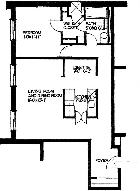 Floor plan for 1 bed, 1 bath, 630 sqft