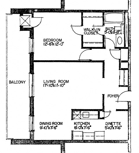 Floor plan for 1 bed, 1 bath, 750 sqft