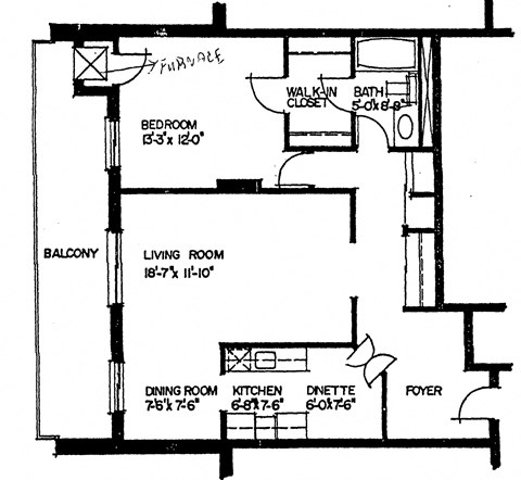 Floor plan for 1 bed, 1 bath, 760 sqft
