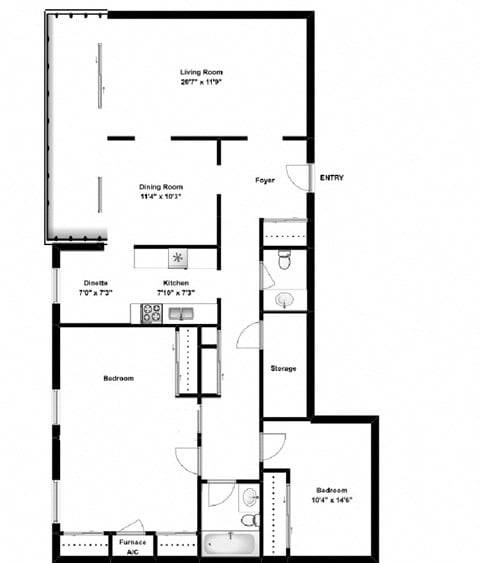 Floor plan for 2 beds, 1.5 baths, 1180 sqft