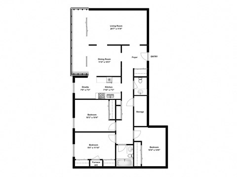 Floor plan for 3 beds, 1.5 baths, 1180 sqft