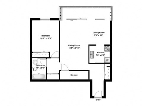 Floor plan for 1 bed, 1 bath, 674 sqft