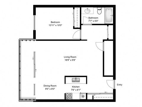 Floor plan for 1 bed, 1 bath, 696 sqft