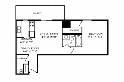 Floor plan for 1 bed, 1 bath, 673 sqft