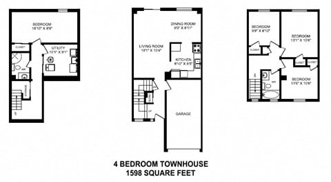 Floor plan for 4 beds, 2 baths, 1598 sqft