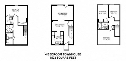 Floor plan for 4 beds, 2 baths, 1523 sqft