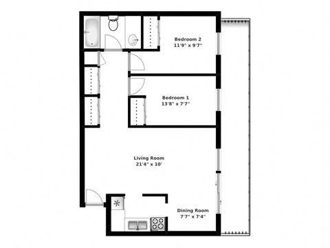 Floor plan for 2 beds, 1 bath, 807 sqft