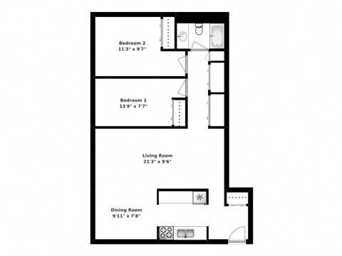 Floor plan for 2 beds, 1 bath, 865 sqft