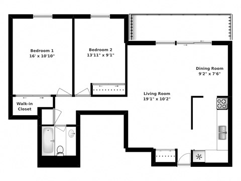 Floor plan for 2 beds, 1 bath, 915 sqft