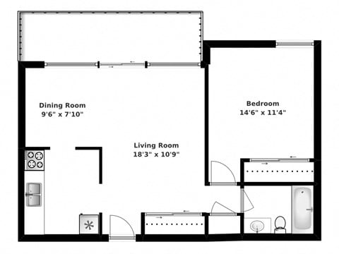 Floor plan for 1 bed, 1 bath, 710 sqft