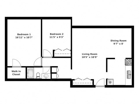 Floor plan for 2 beds, 1 bath, 946 sqft