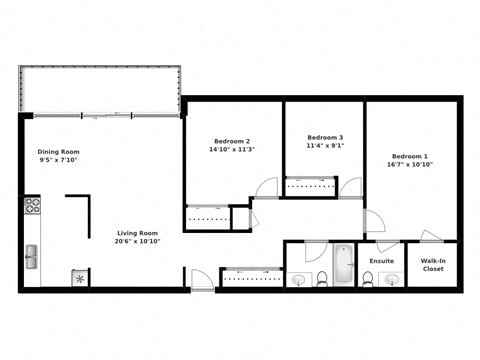 Floor plan for 3 beds, 1.5 baths, 1211 sqft