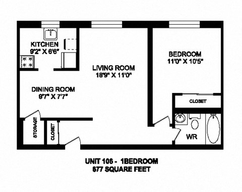 Floor plan for 1 bed, 1 bath, 677 sqft