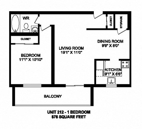 Floor plan for 1 bed, 1 bath, 676 sqft