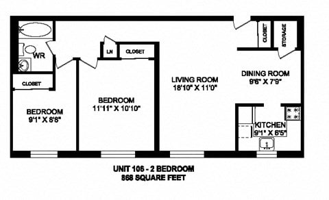 Floor plan for 2 beds, 1 bath, 868 sqft