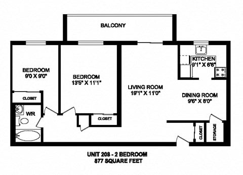 Floor plan for 2 beds, 1 bath, 877 sqft