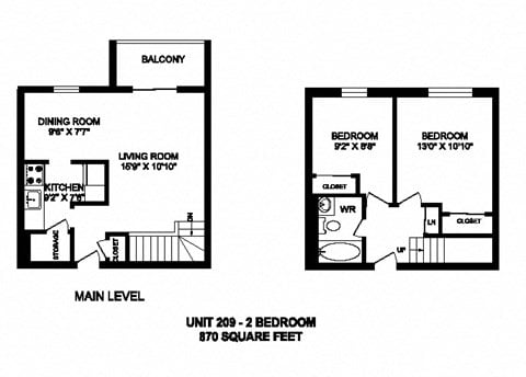 Floor plan for 2 beds, 1 bath, 870 sqft
