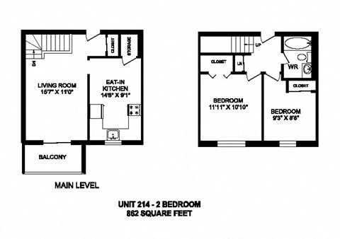 Floor plan for 2 beds, 1 bath, 862 sqft