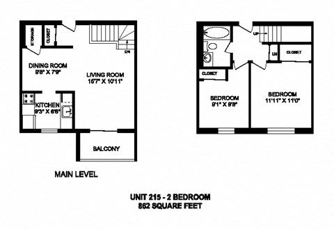 Floor plan for 2 beds, 1 bath, 862 sqft