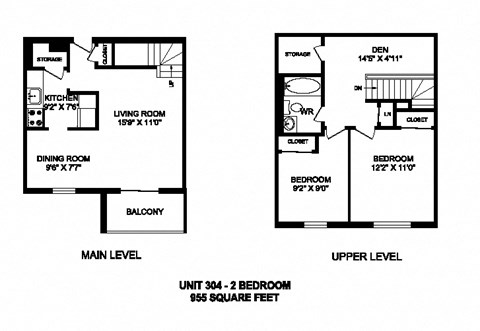 Floor plan for 2 beds, 1 bath, 955 sqft