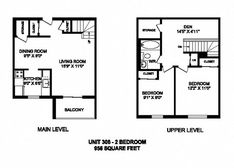 Floor plan for 2 beds, 1 bath, 958 sqft