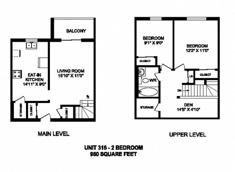 Floor plan for 2 beds, 1 bath, 960 sqft