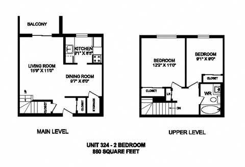 Floor plan for 2 beds, 1 bath, 860 sqft