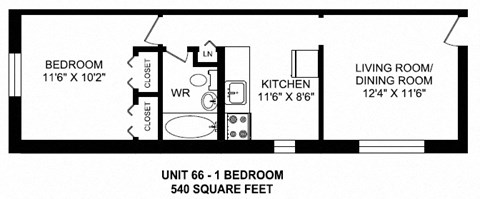 Floor plan for 1 bed, 1 bath, 540 sqft