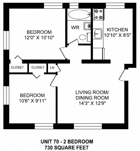 Floor plan for 2 beds, 1 bath, 858 sqft