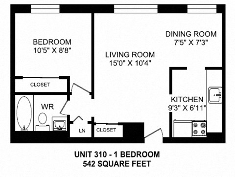 Floor plan for 1 bed, 1 bath, 542 sqft