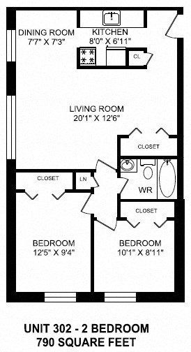 Floor plan for 2 beds, 1 bath, 858 sqft