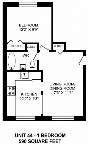 Floor plan for 1 bed, 1 bath, 590 sqft