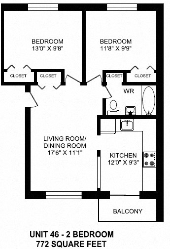 Floor plan for 2 beds, 1 bath, 858 sqft