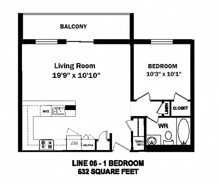 Floor plan for 1 bed, 1 bath, 632 sqft