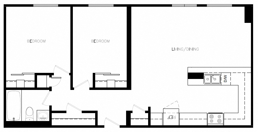 Floor plan for 2 beds, 1 bath, 810 sqft