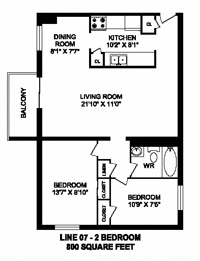 Floor plan for 2 beds, 1 bath, 800 sqft