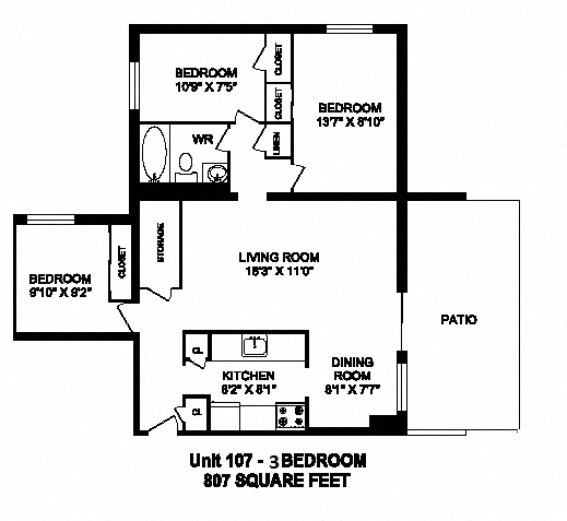 Floor plan for 3 beds, 1 bath