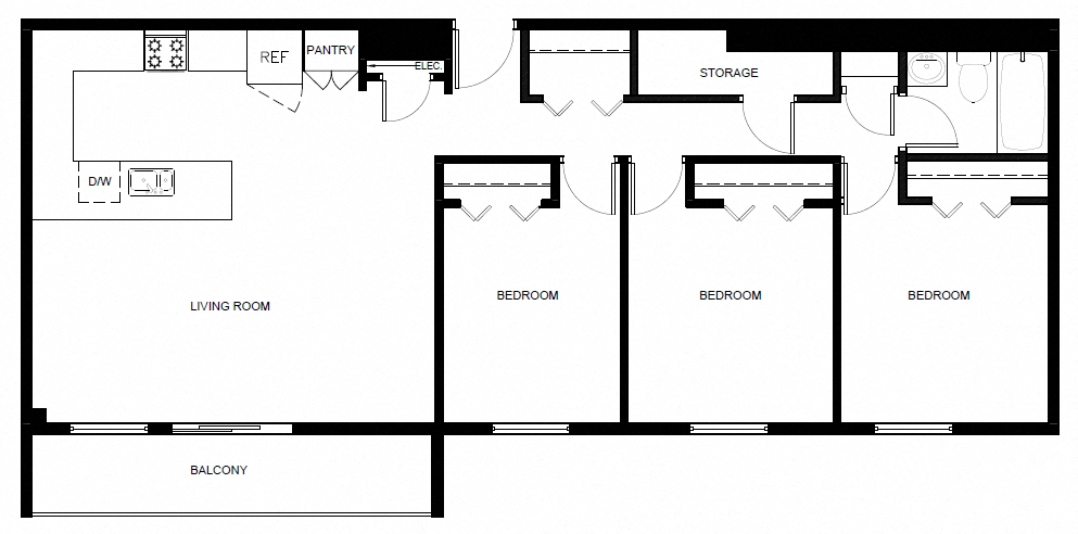 Floor plan for 3 beds, 1 bath, 854 sqft