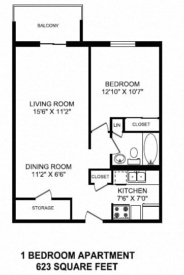 Floor plan for 1 bed, 1 bath, 623 sqft