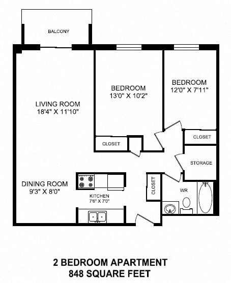 Floor plan for 2 beds, 1 bath, 848 sqft
