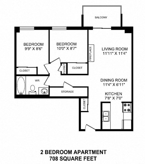 Floor plan for 2 beds, 1 bath, 708 sqft