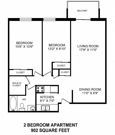 Floor plan for 2 beds, 1 bath, 902 sqft